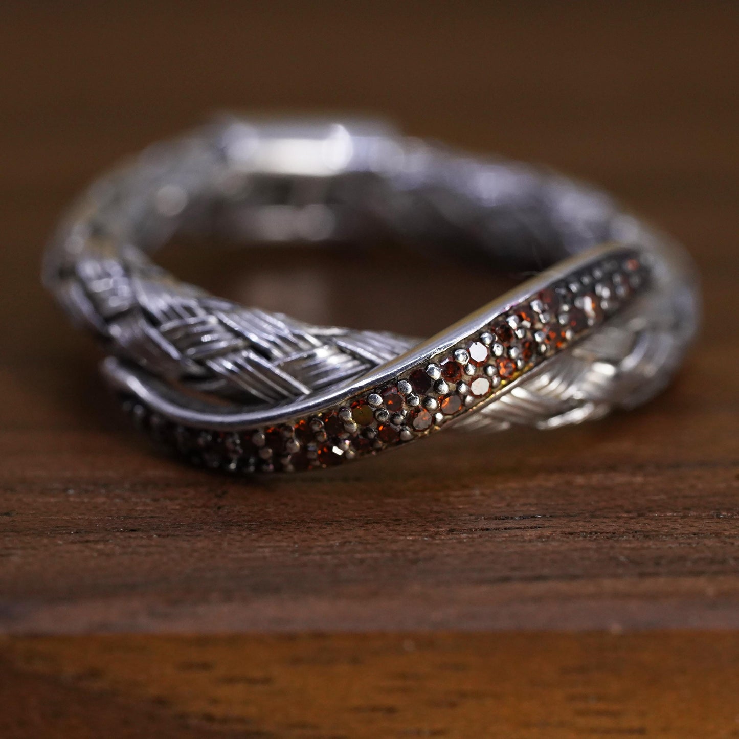 Size 7.5, Designer JS Sterling 925 silver woven braided ring cluster citrine