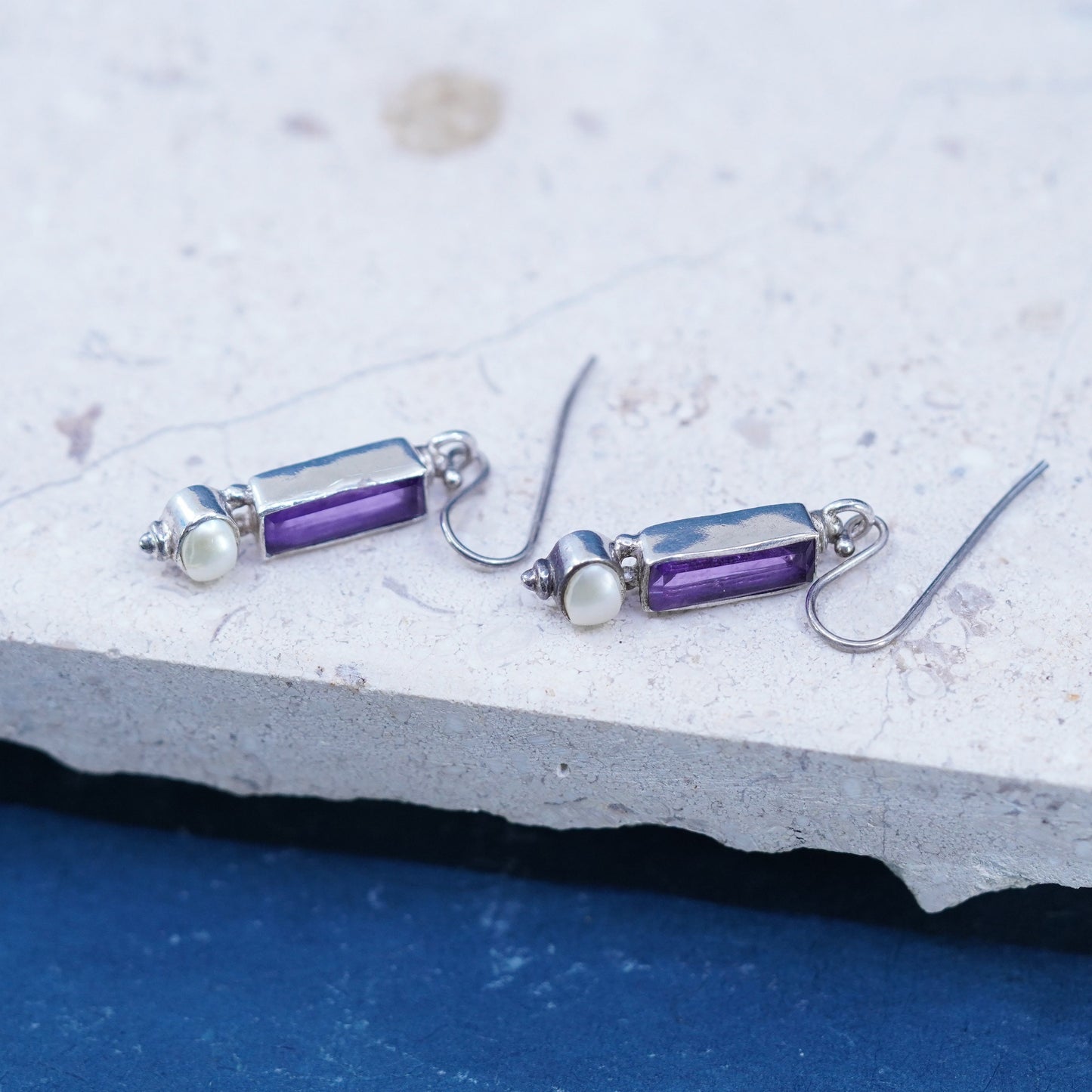 Vintage sterling 925 silver handmade earrings with amethyst and pearl
