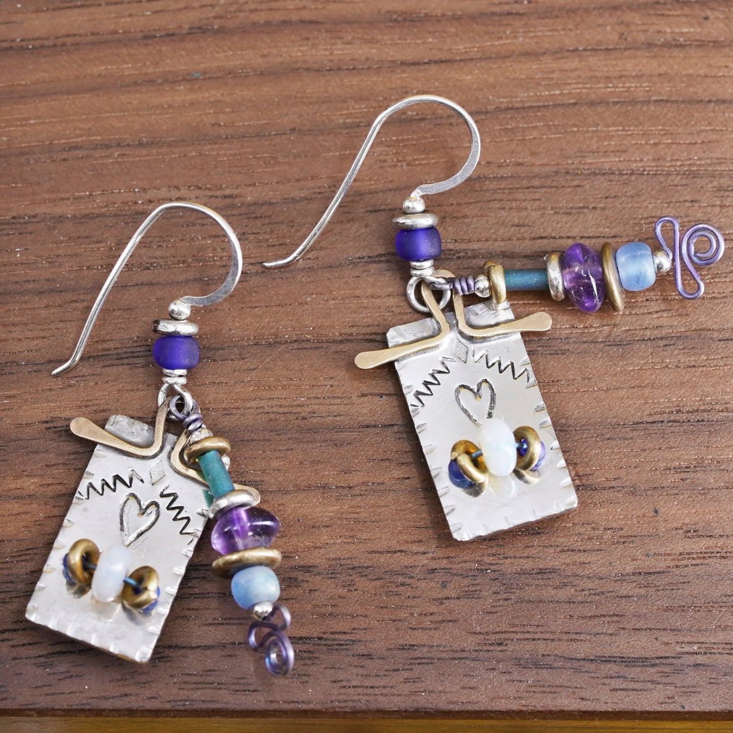 vintage Q. Miller Sterling 925 Silver Hooks with square discs amethyst Beads