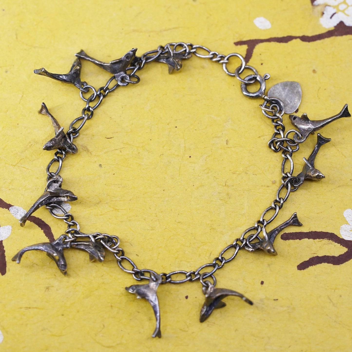 7”, vintage oxidized Sterling silver bracelet, 925 silver chain dolphin charms