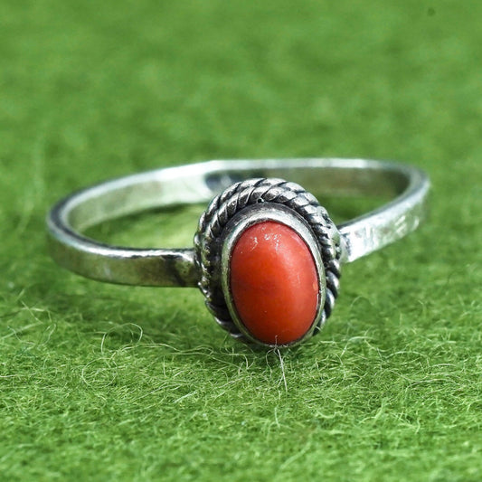 Size 5.75, vintage natives American silver handmade ring with coral inlay