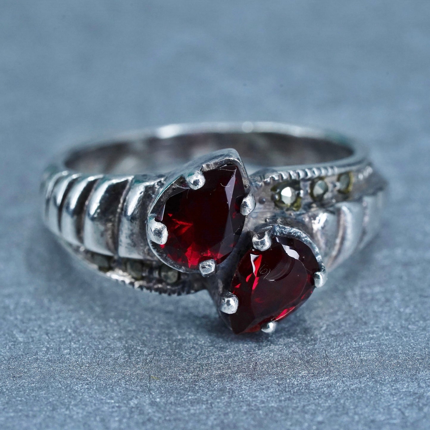 Size 7.5, designer Sterling 925 silver handmade statement ring ruby marcasite