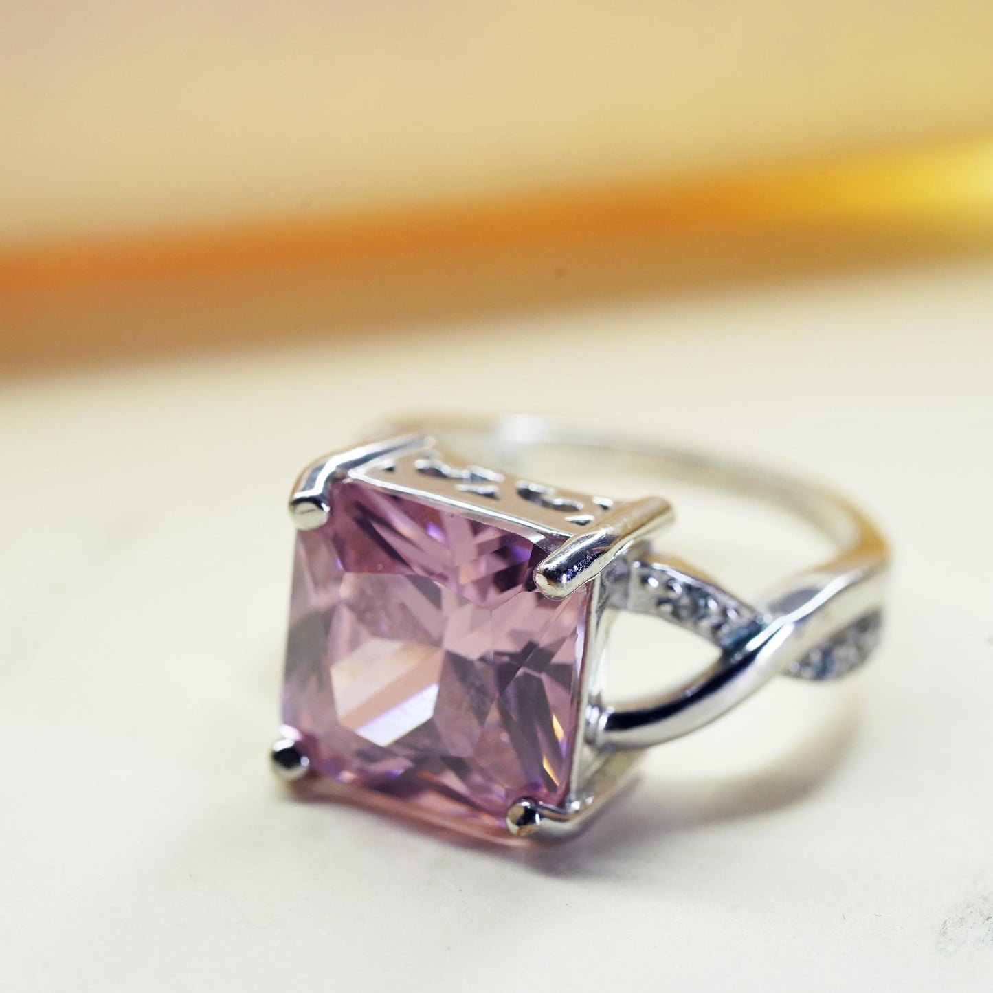 Size 8.25, Vintage Sterling 925 silver ring with square pink Quartz clear cz