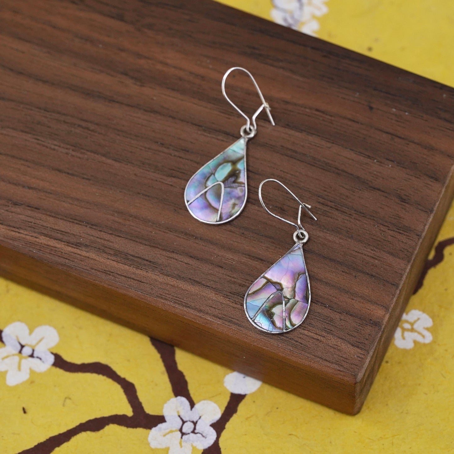 Vintage Sterling silver handmade earrings, 925 teardrop dangle with abalone