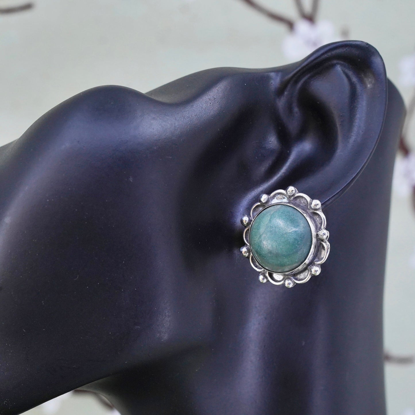 Vintage sterling 925 silver handmade screw back earrings with jade and beads