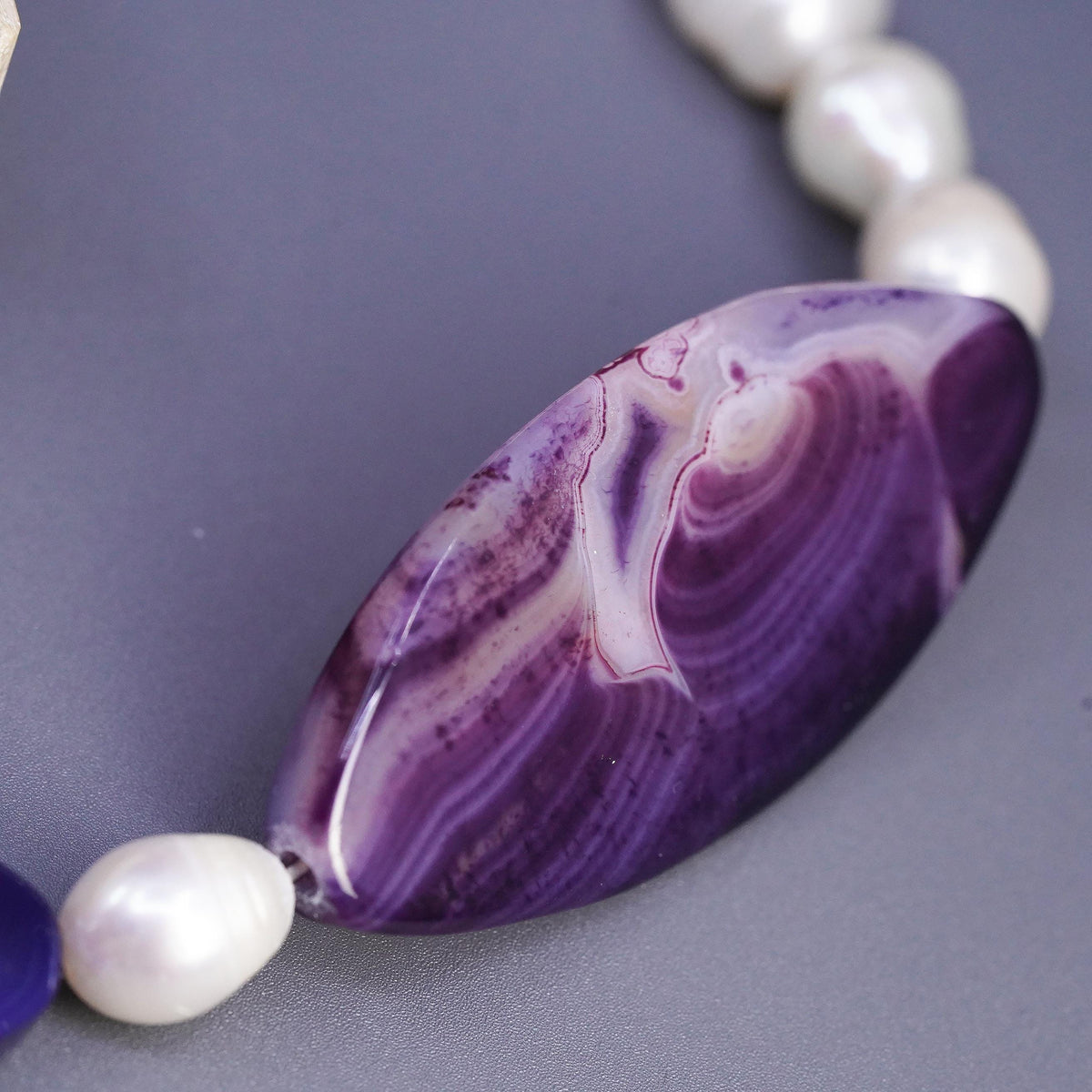 18+2", vintage Sterling 925 silver necklace 9mm freshwater pearls purple agate