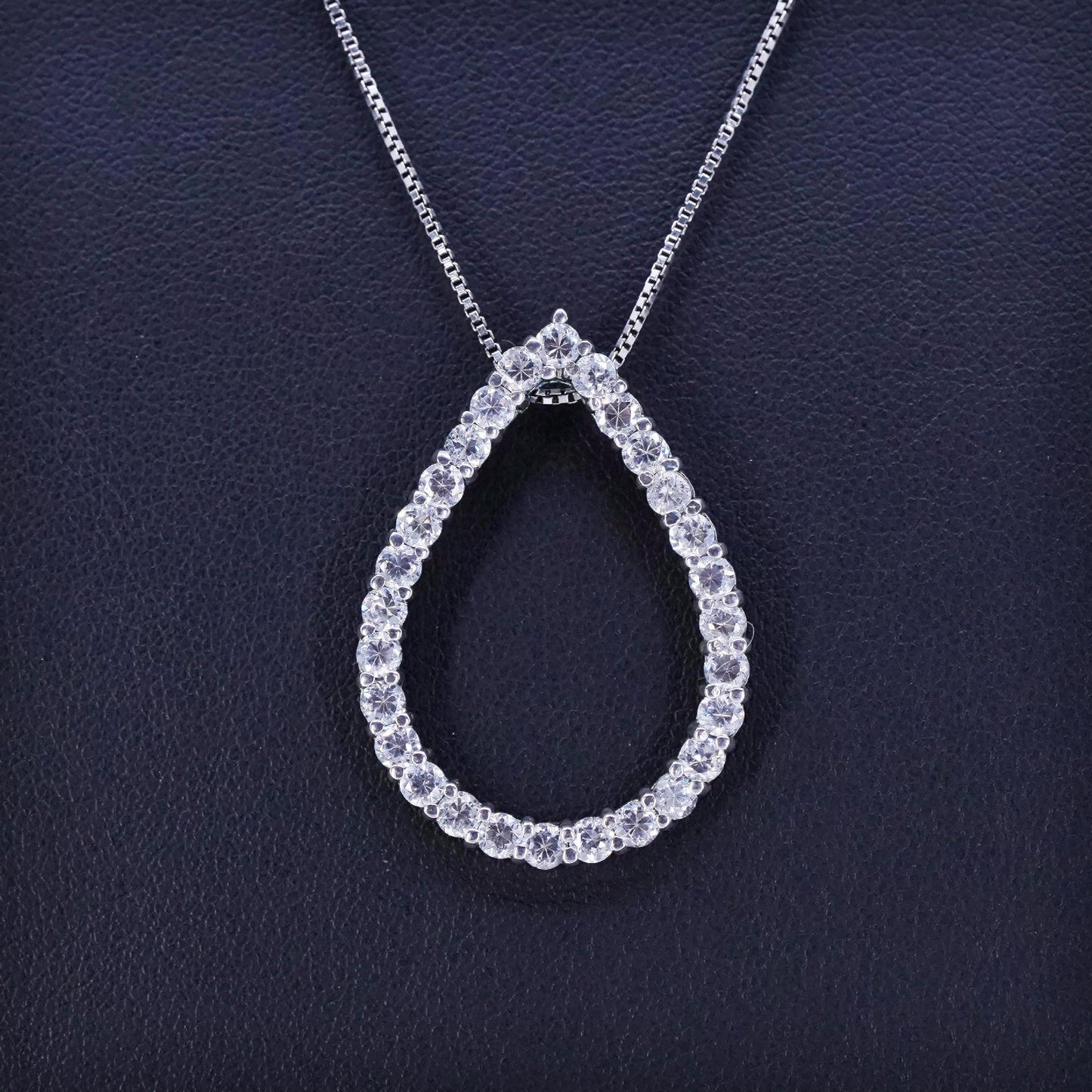 18”, vintage Sterling 925 silver handmade box necklace with teardrop cz pendant