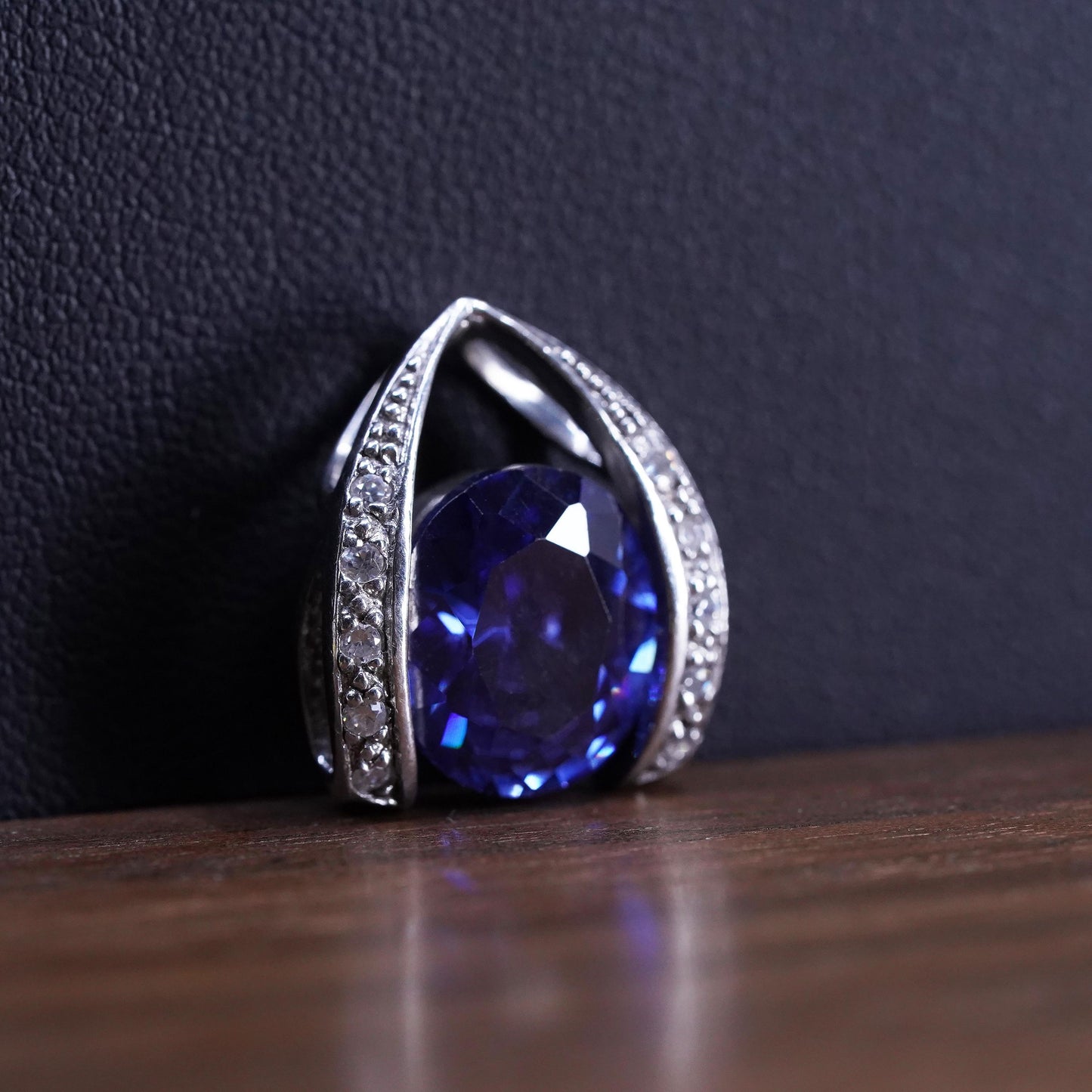 Vintage Sterling 925 silver handmade pendant cushion cut blue topaz Cluster cz