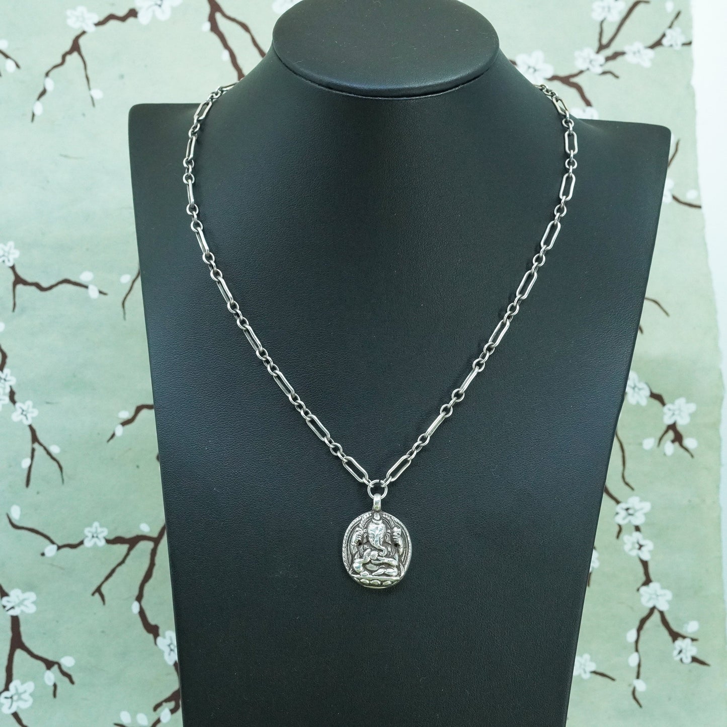 18”, Sterling 925 silver elongated necklace Ganesha elephant head god pendant