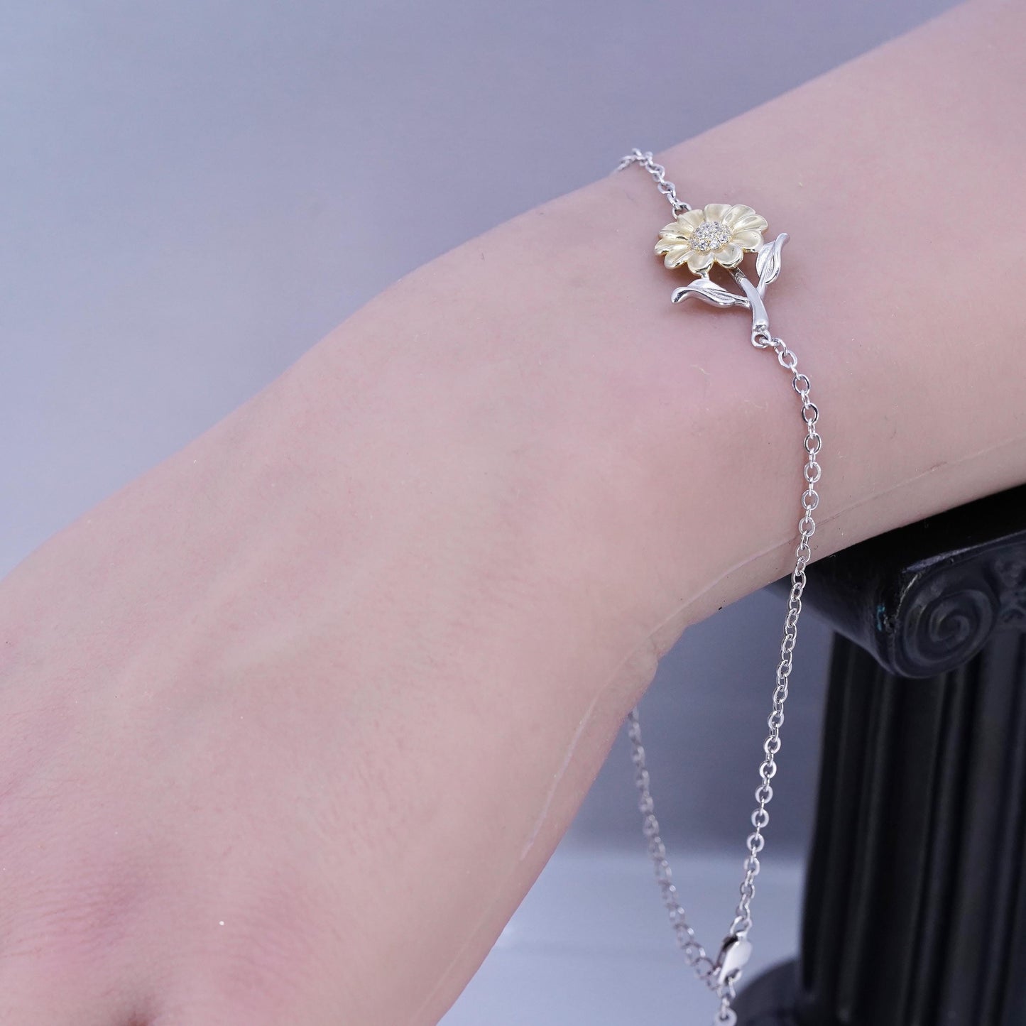 7+2" two tone Sterling Silver Bracelet anklet, 925 Circle chain sunflower charm