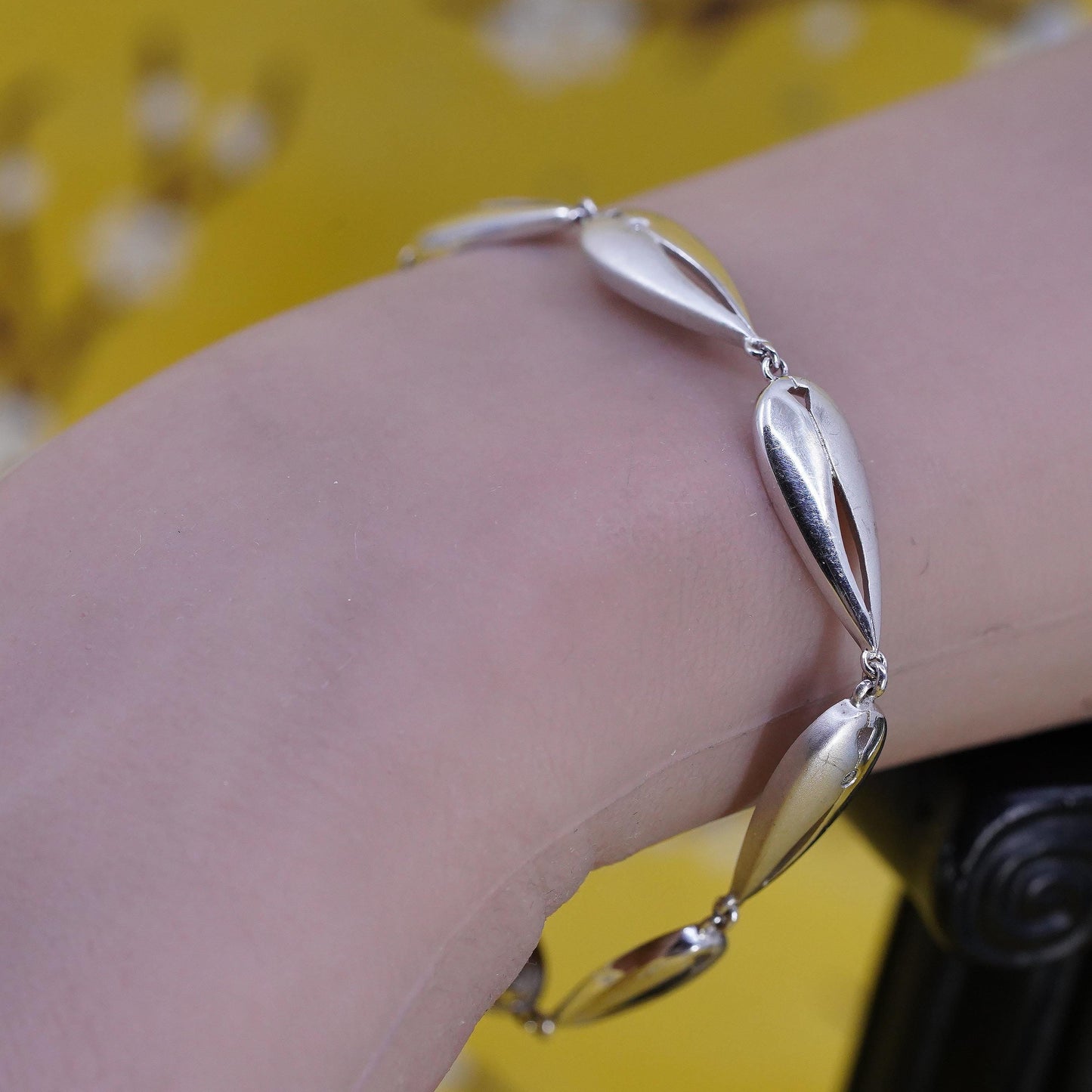 6.5”, vintage Sterling silver tennis bracelet, 925 teardrop link chain diamonds