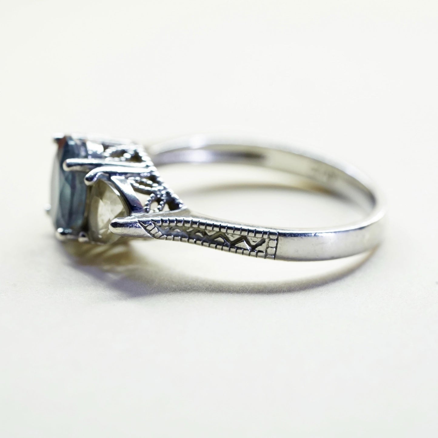 Size 8, vintage sterling 925 silver handmade ring with rainbow topaz and cz