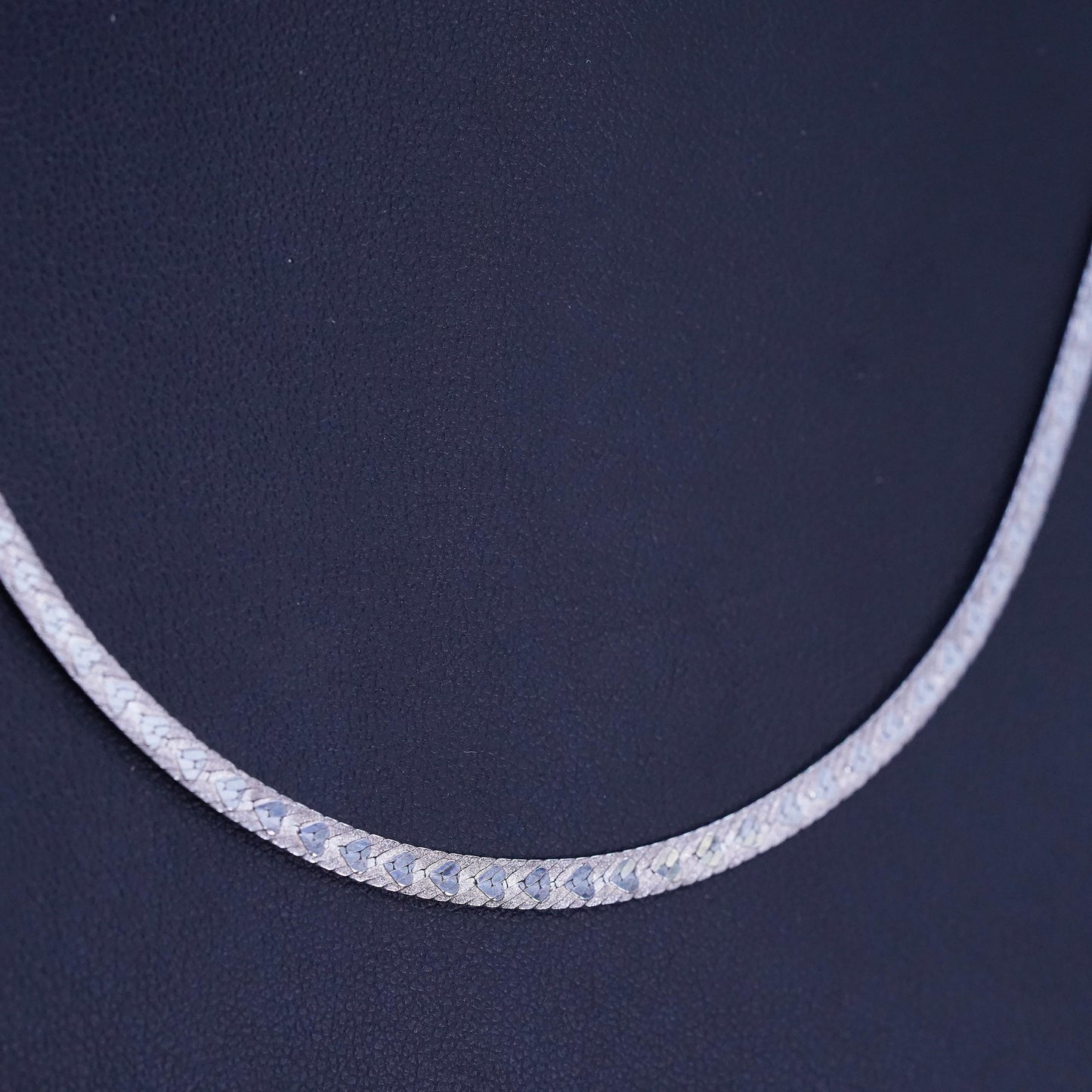 18”, vintage Sterling silver necklace, heart textured 925 herringbone chain