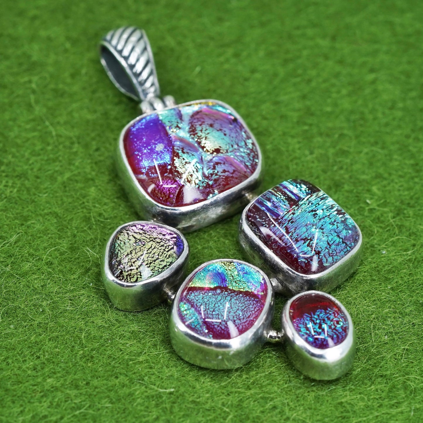 Vintage sterling silver handmade artisan glass pendant, dichroic glass charm