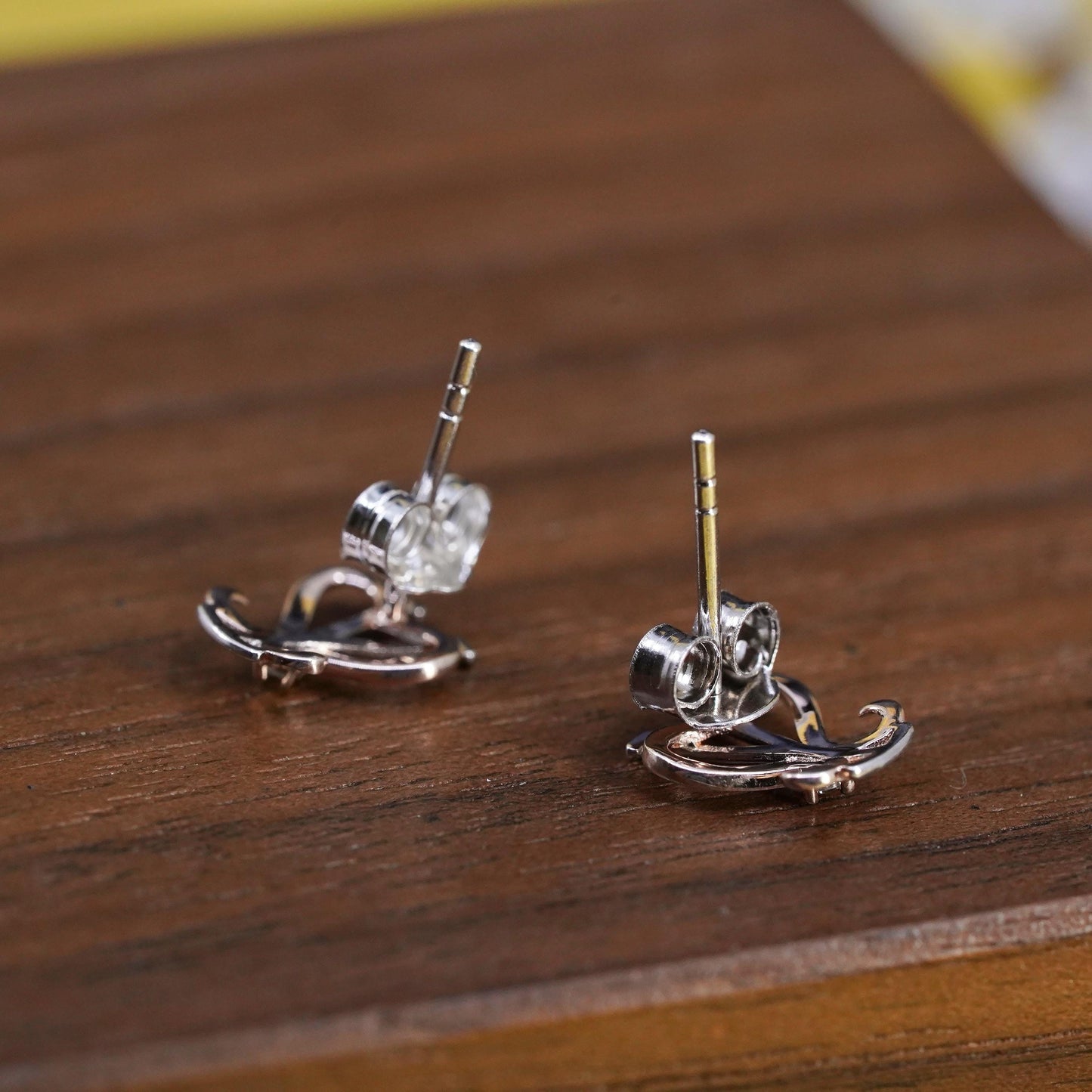 Vintage Two-Tone Sterling Silver Heart V Stud Earrings with CZ