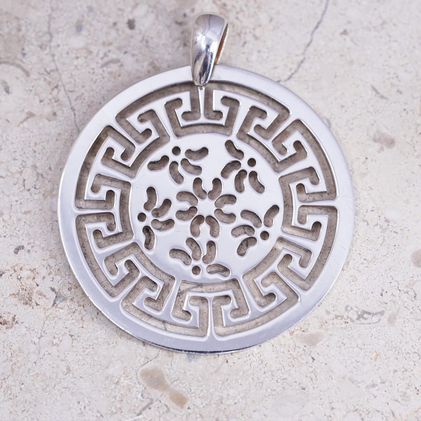 Vintage Italian M Sterling silver handmade pendant, 925 Greek key floral circle