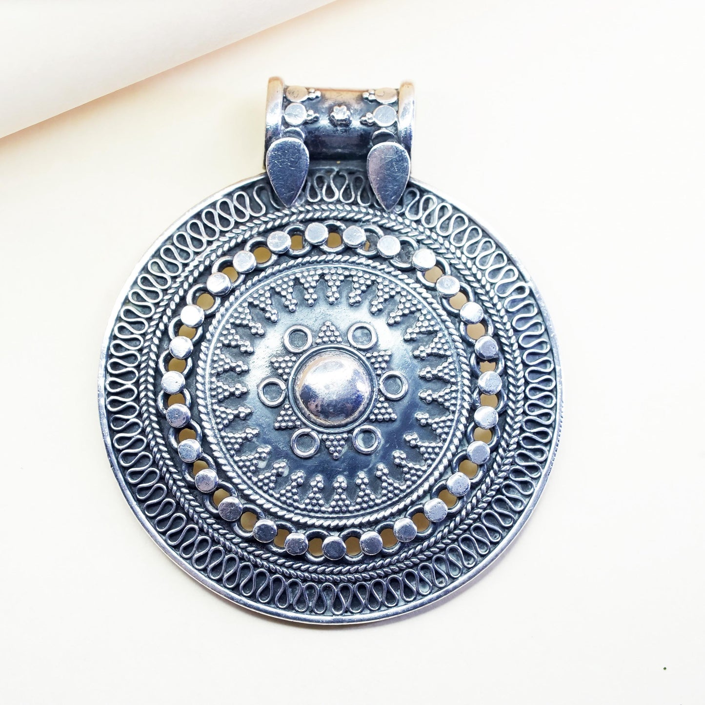 vintage sterling silver handmade huge pendant, 925 filigree Bali circle