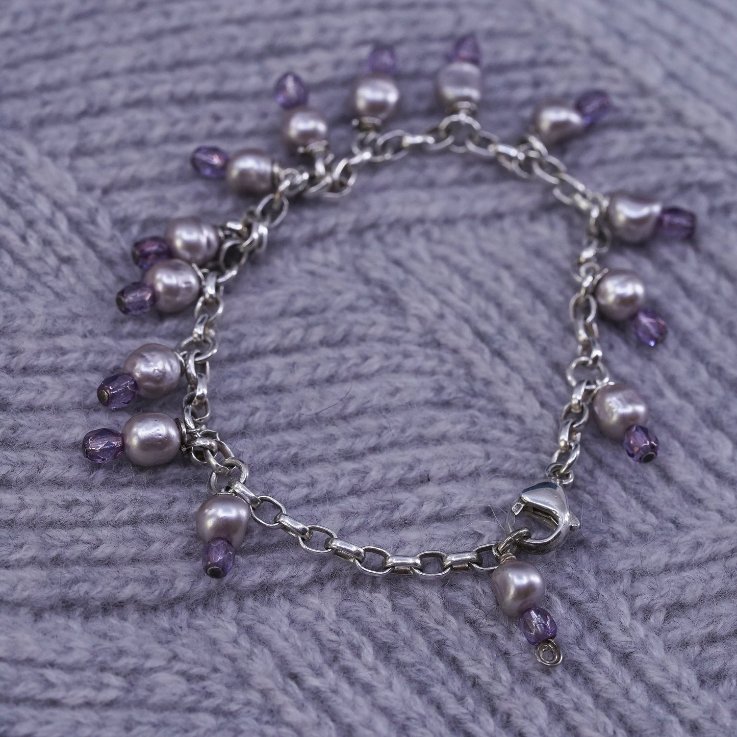 8.25”, vintage Sterling silver handmade bracelet, 925 circle chain gray pearl