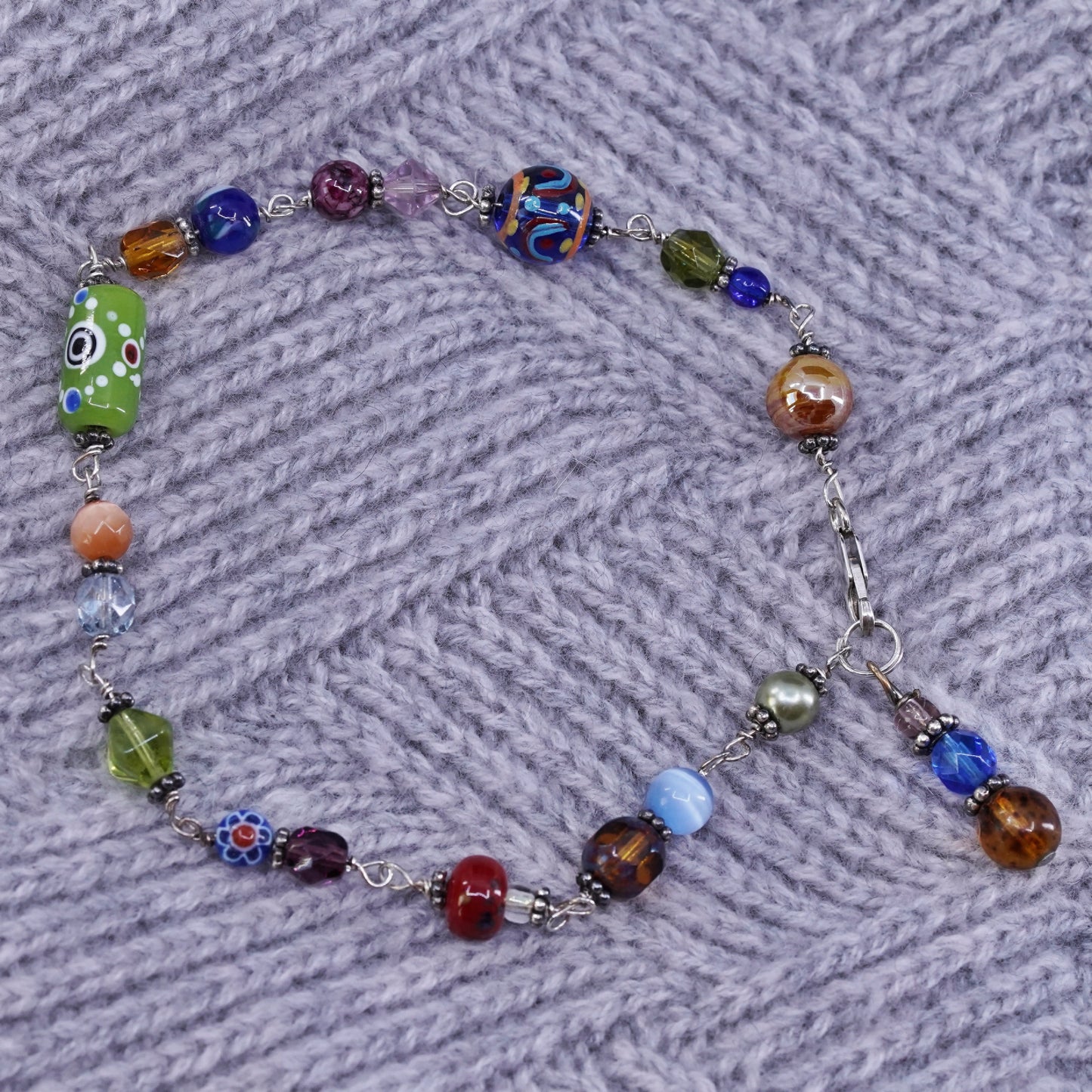 9.5", handmade brass bracelet, brass toggle closure with colorful glass beads