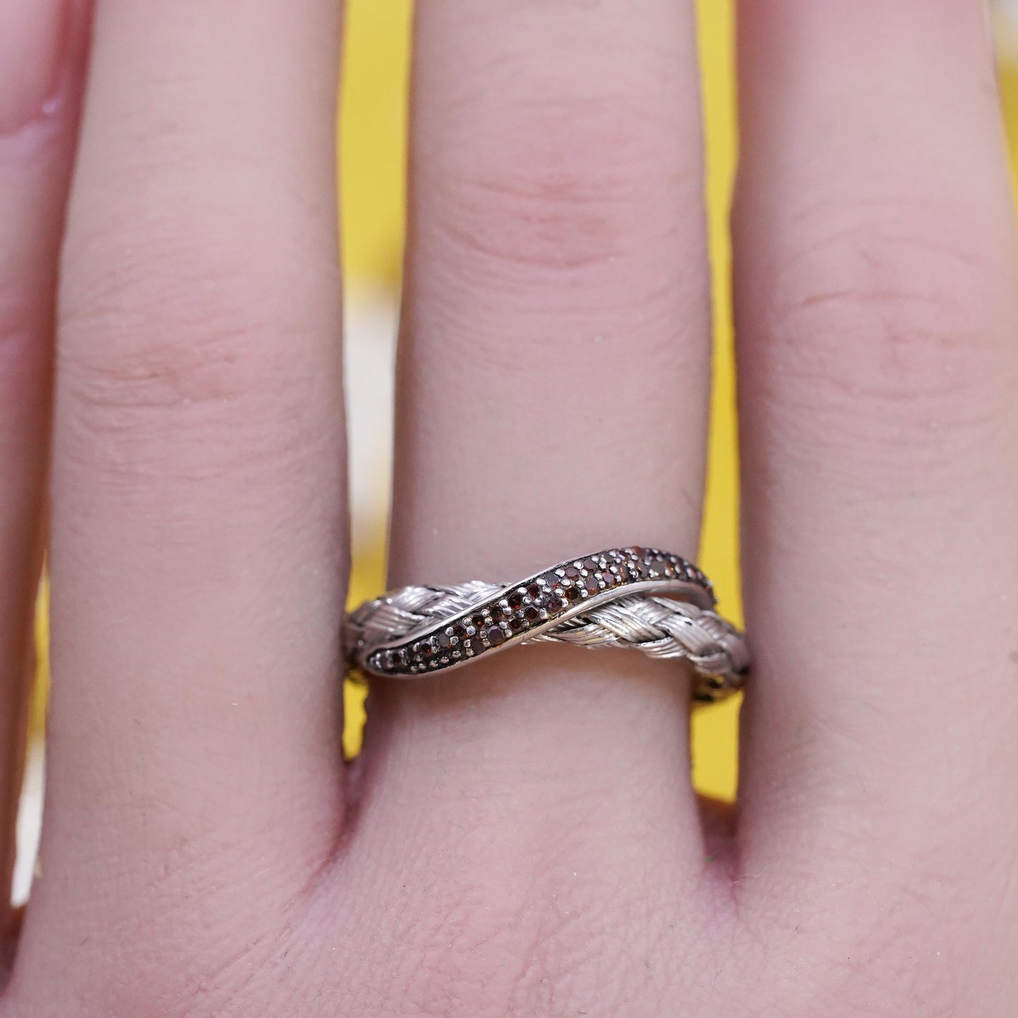 Size 7.5, Designer JS Sterling 925 silver woven braided ring cluster citrine