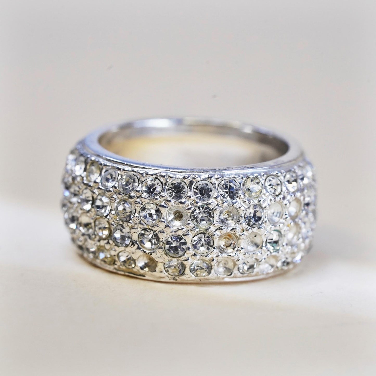 Size 6.5, vintage sterling 925 silver ring with cluster CZ, statement wide band