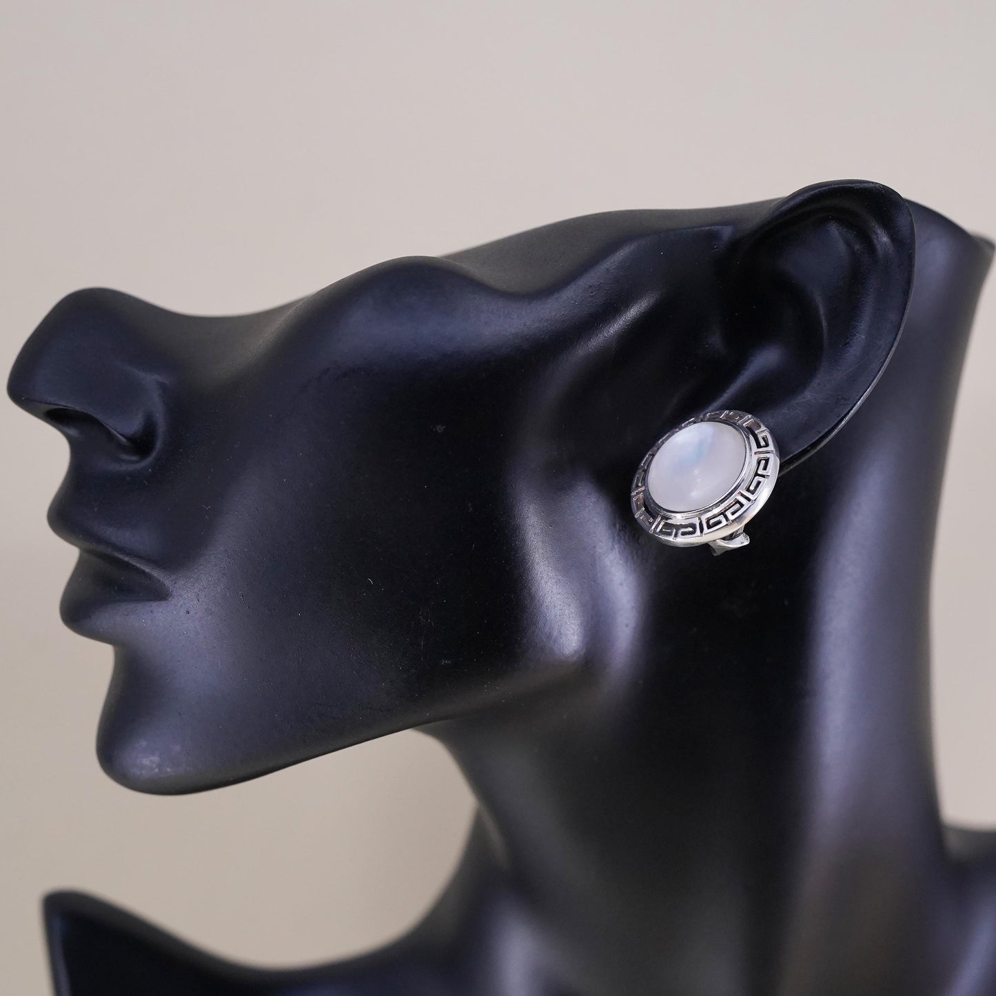 Vintage Sterling silver earrings, 925 Greek key studs w/ round mother of pearl