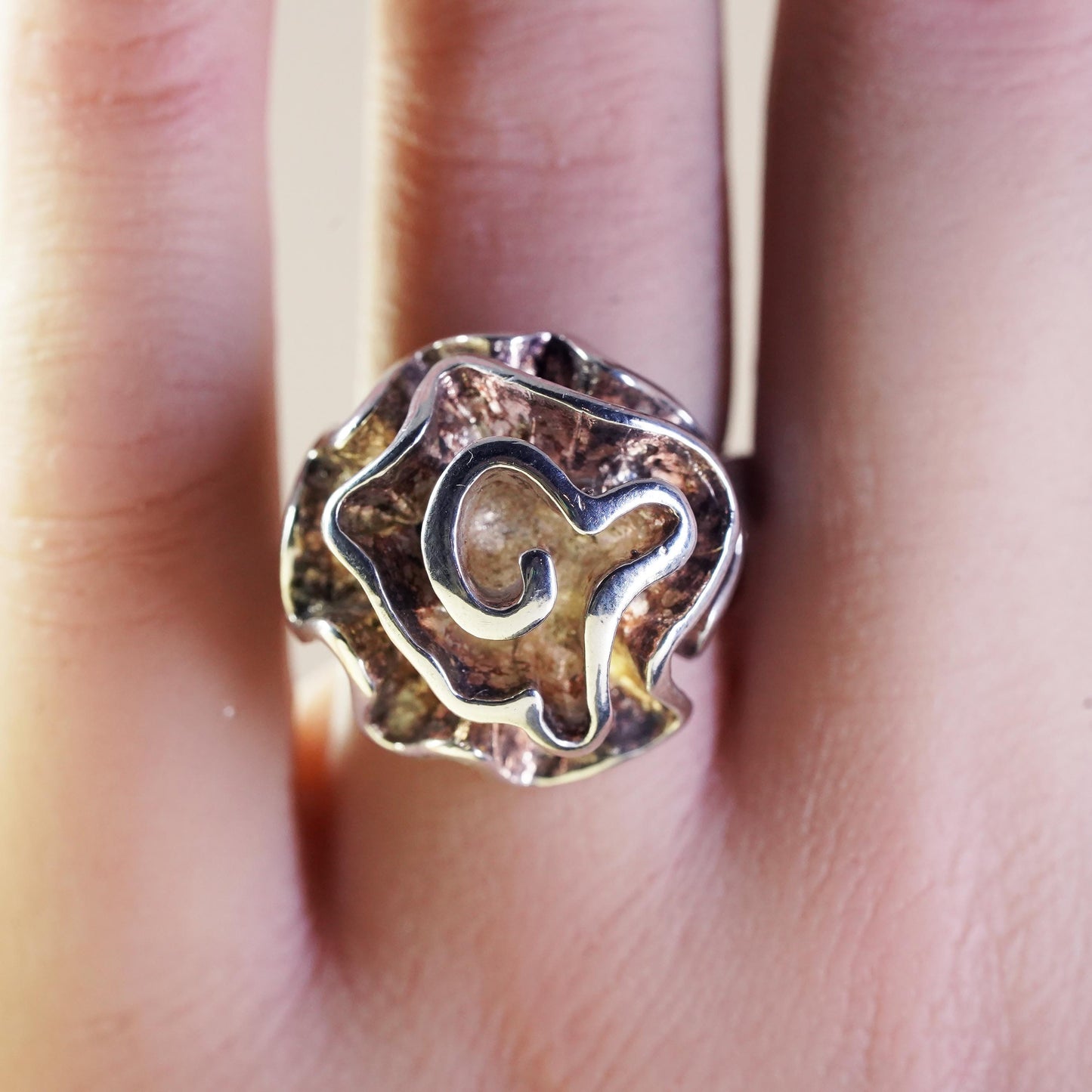 Size 8, vintage Sterling silver handmade ring, 925 abstract flower