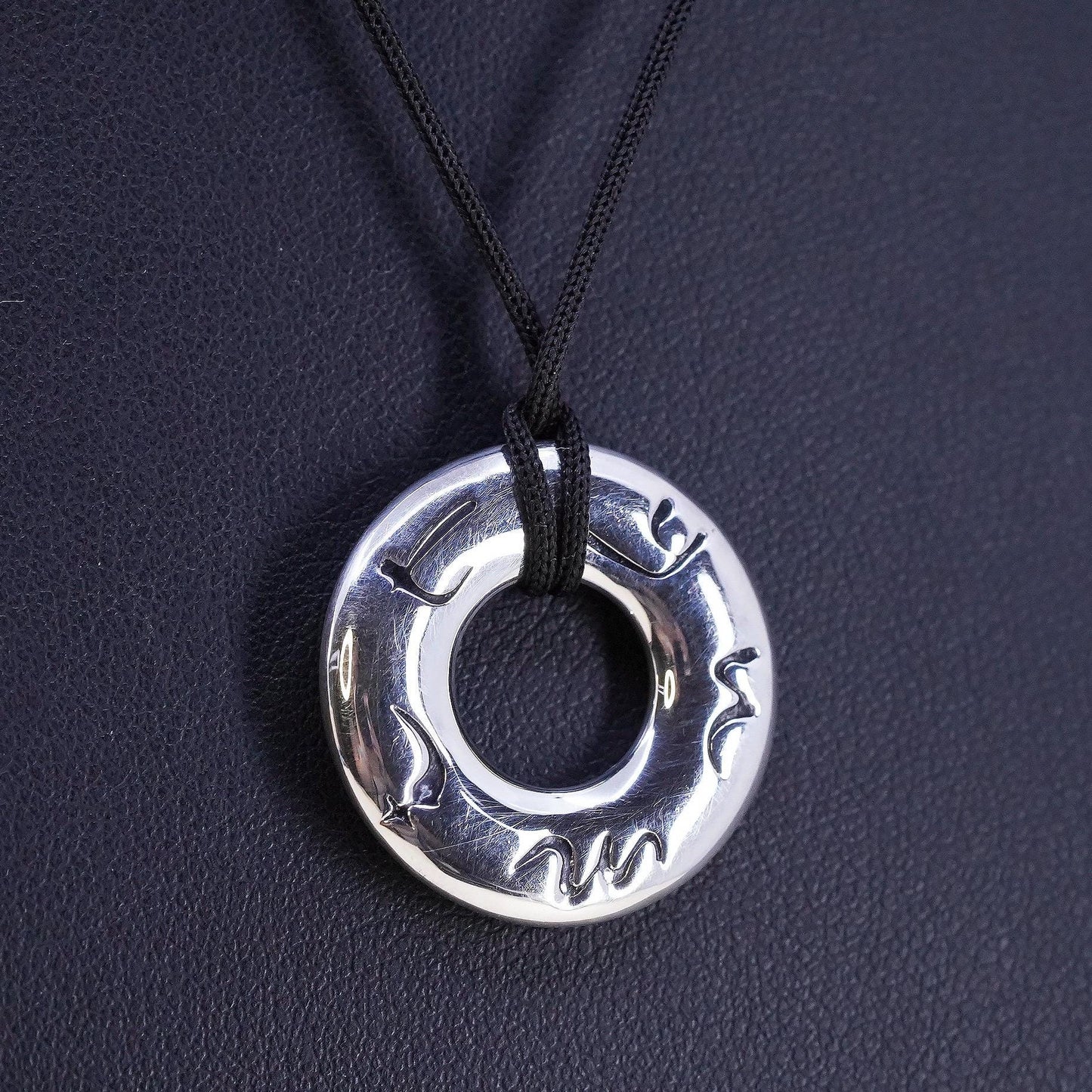 16”, BJ Sterling Silver 925 Donut Pendant Necklace, Circle Pendant Linen Cord