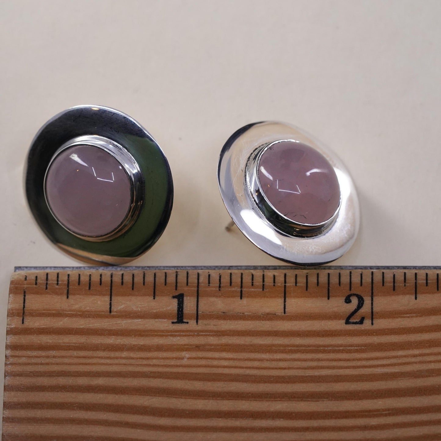 Vintage Sterling silver earrings, 925 circle studs with oval pink quartz stone