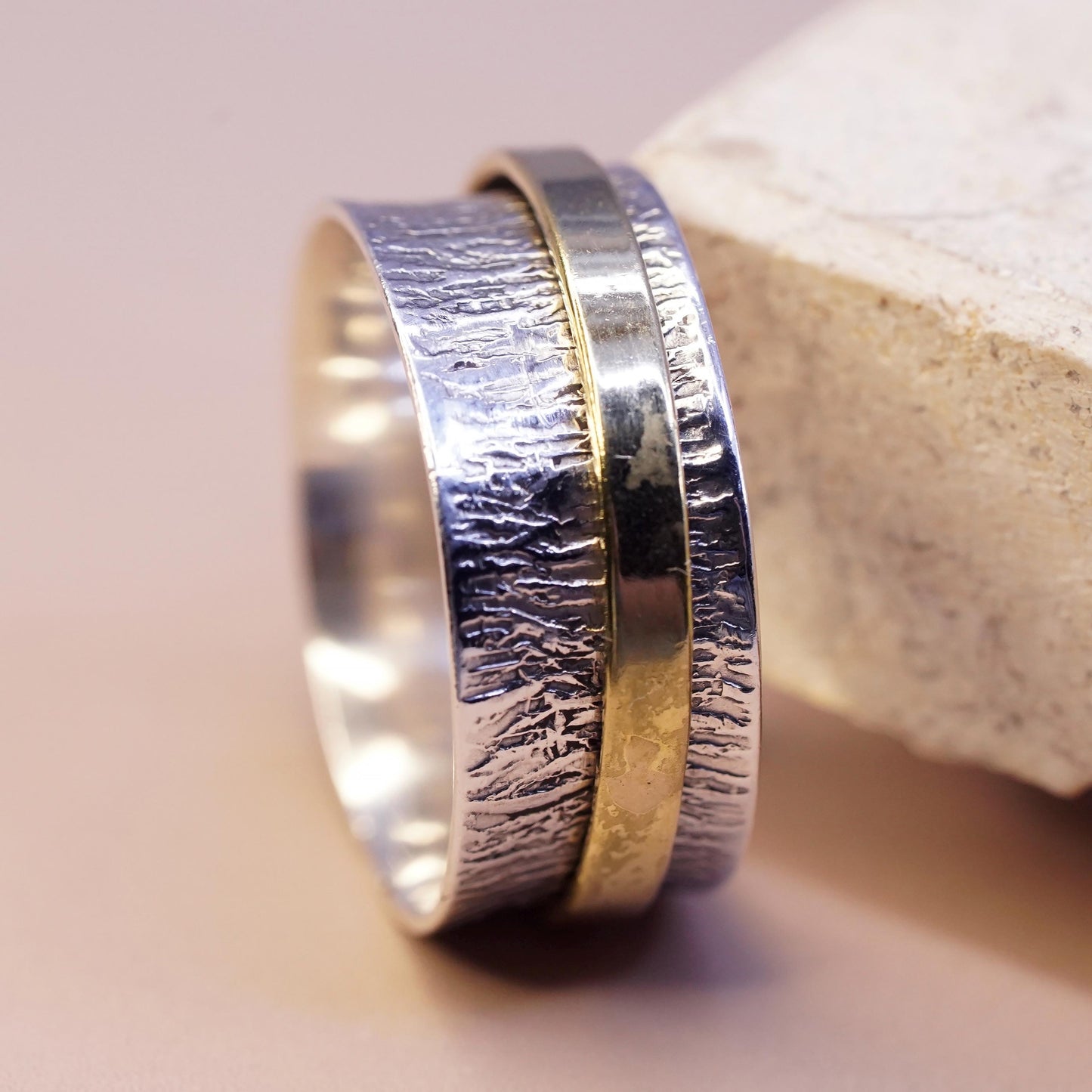 Size 10.25, two tone sterling silver band brass cable textured 925 spinner ring