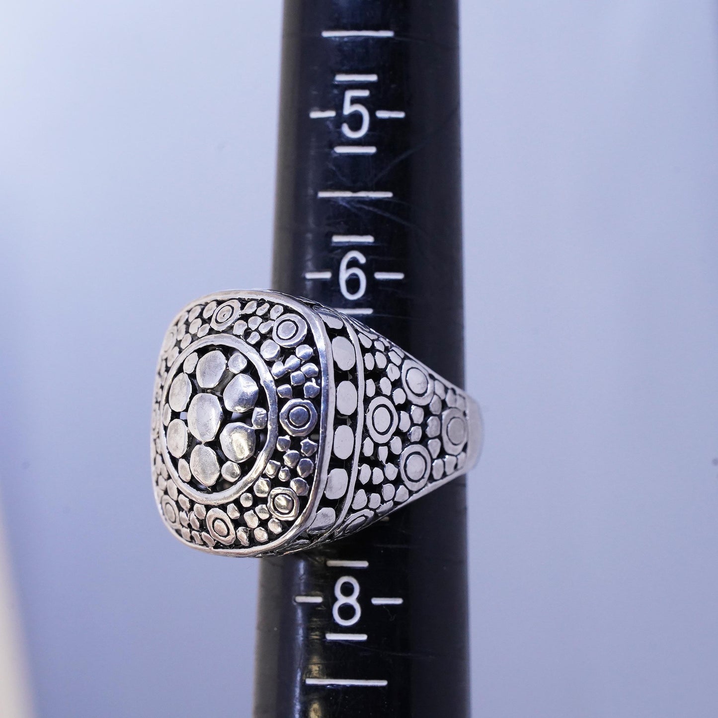 Size 7, vintage sterling silver handmade statement ring, 925 dotted boxy band