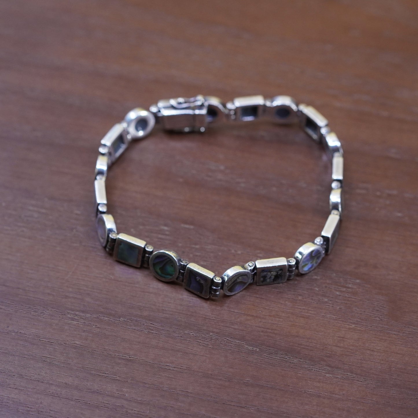 6.25”, vintage Sterling 925 silver tennis bracelet with abalone inlay