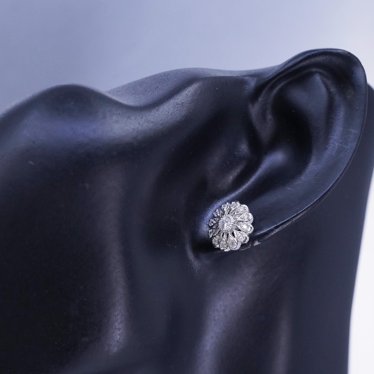 Vintage Sterling 925 silver handmade earrings, flower studs with cz