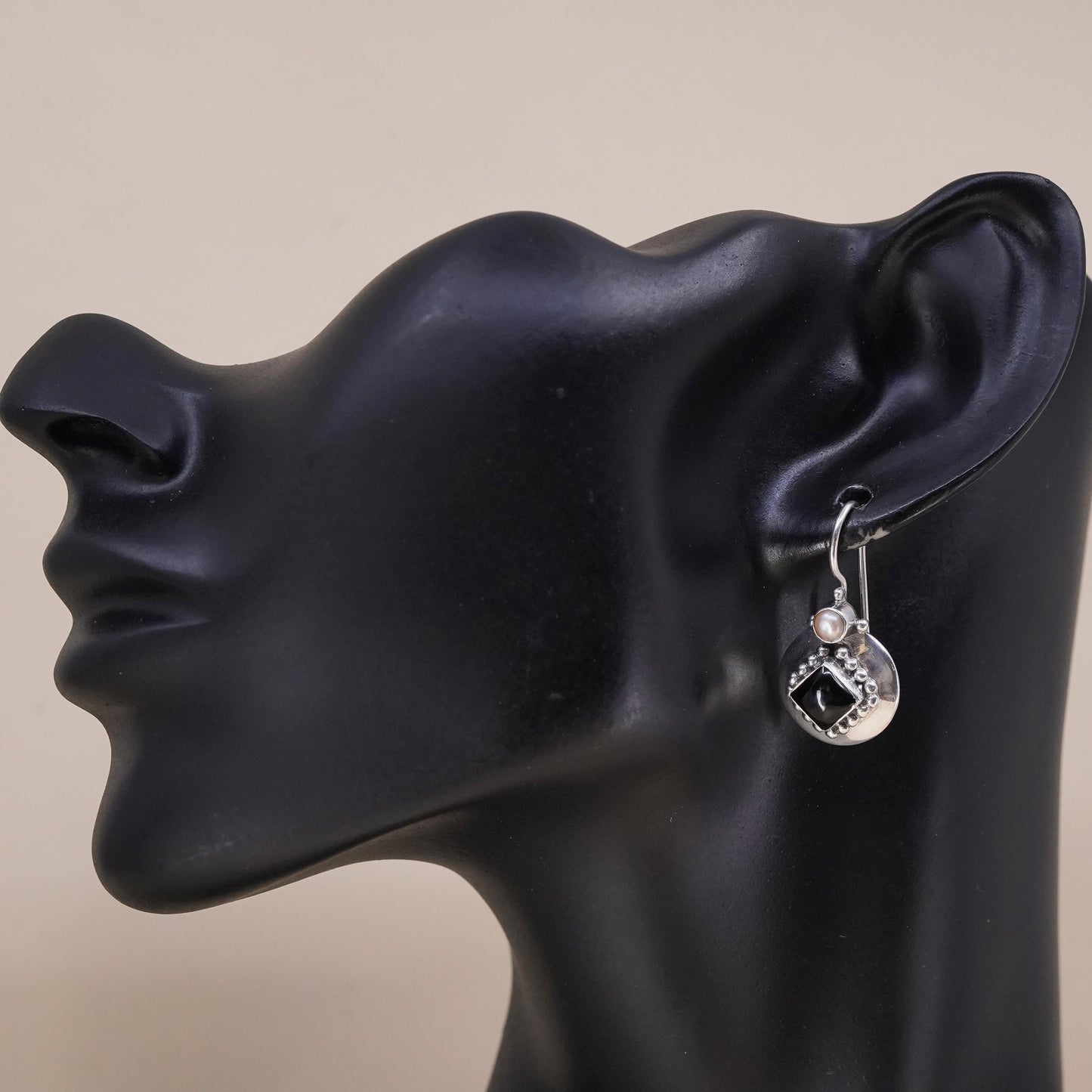 Vintage handmade single earring. Sterling 925 silver hook with onyx and pearl