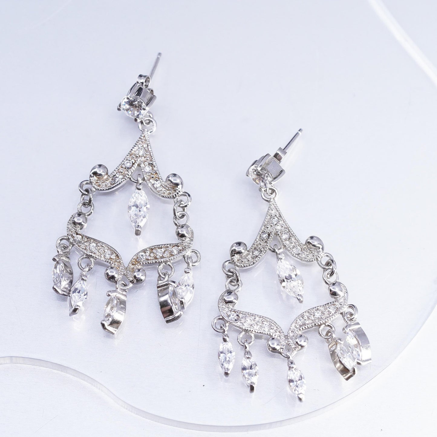 Vintage Sterling Silver CZ Chandelier Earrings, Dangles, Bridal Wedding Jewelry