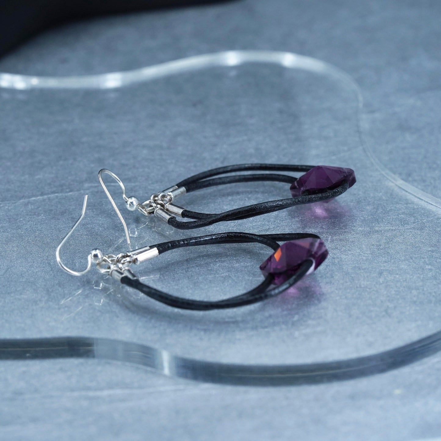 1.75”, vintage Sterling silver handmade earrings, 925 hooks with black leather amethyst