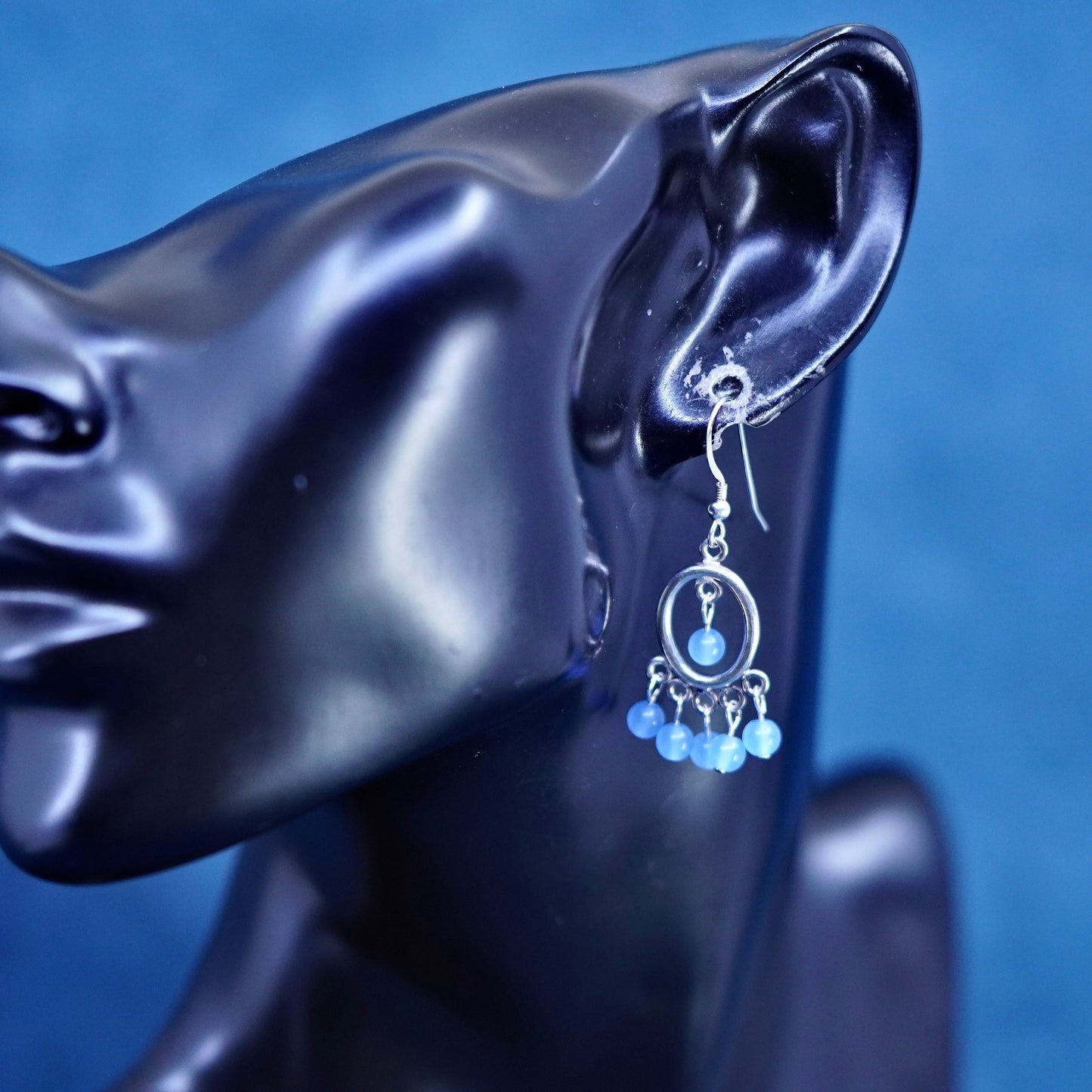 Vintage Sterling 925 silver handmade earrings with blue cat eye