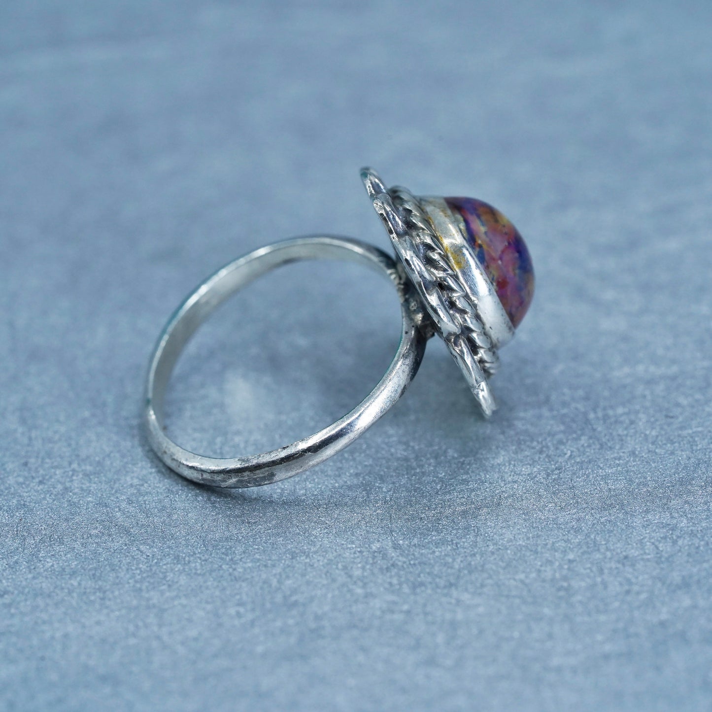 Size 5.5, mexico Sterling 925 silver handmade cocktail ring orange foiled glass