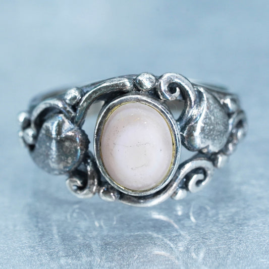 Size 7, Vintage Sterling 925 silver ring with pink mother of pearl and hearts