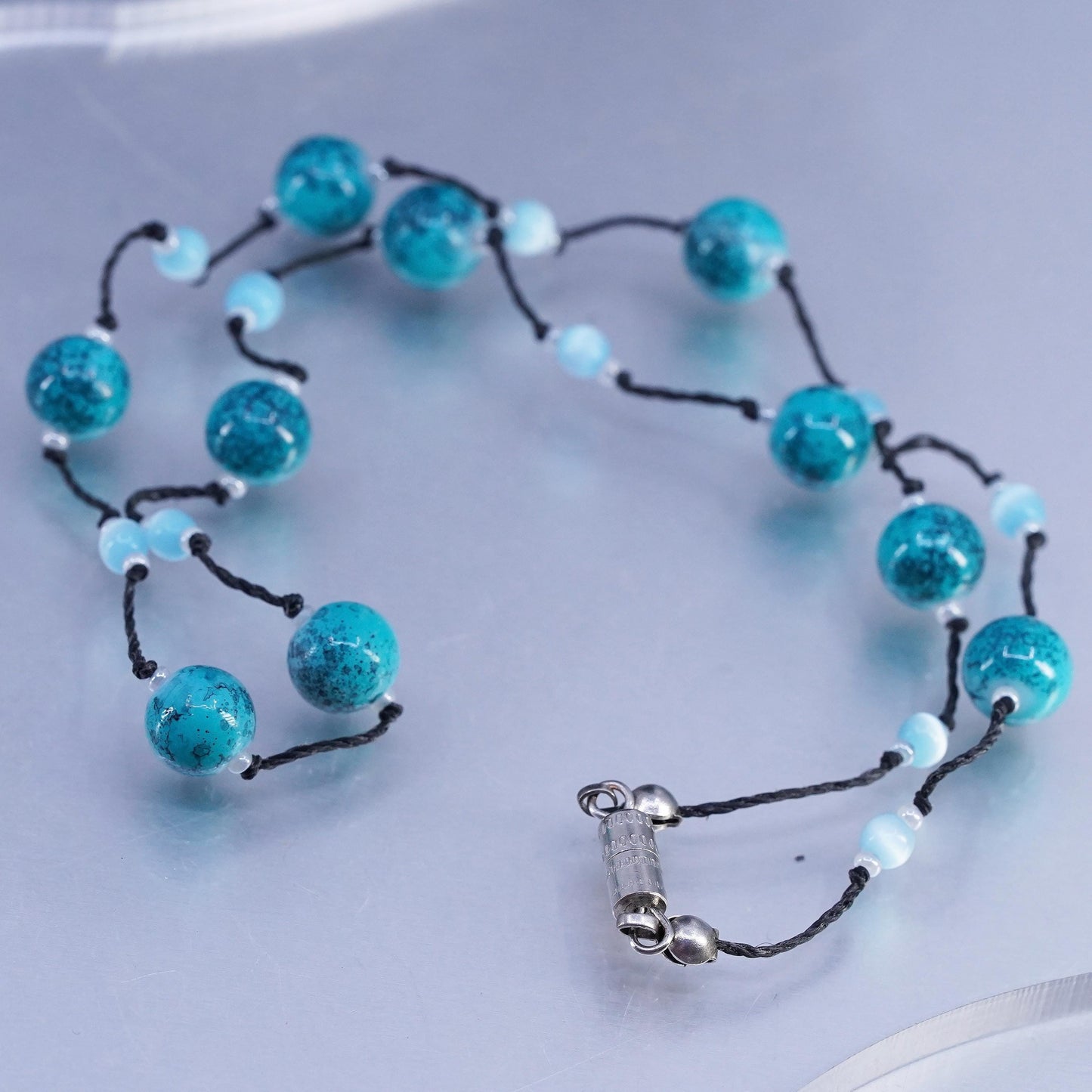 16" Vintage Sterling 925 silver necklace with turquoise blue cats eye and linen thread