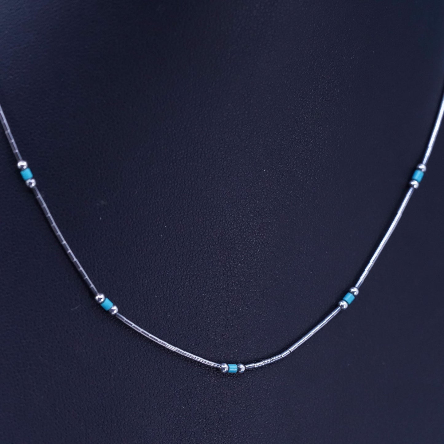 16”, Native American Navajo Sterling 925 liquid silver chain necklace turquoise