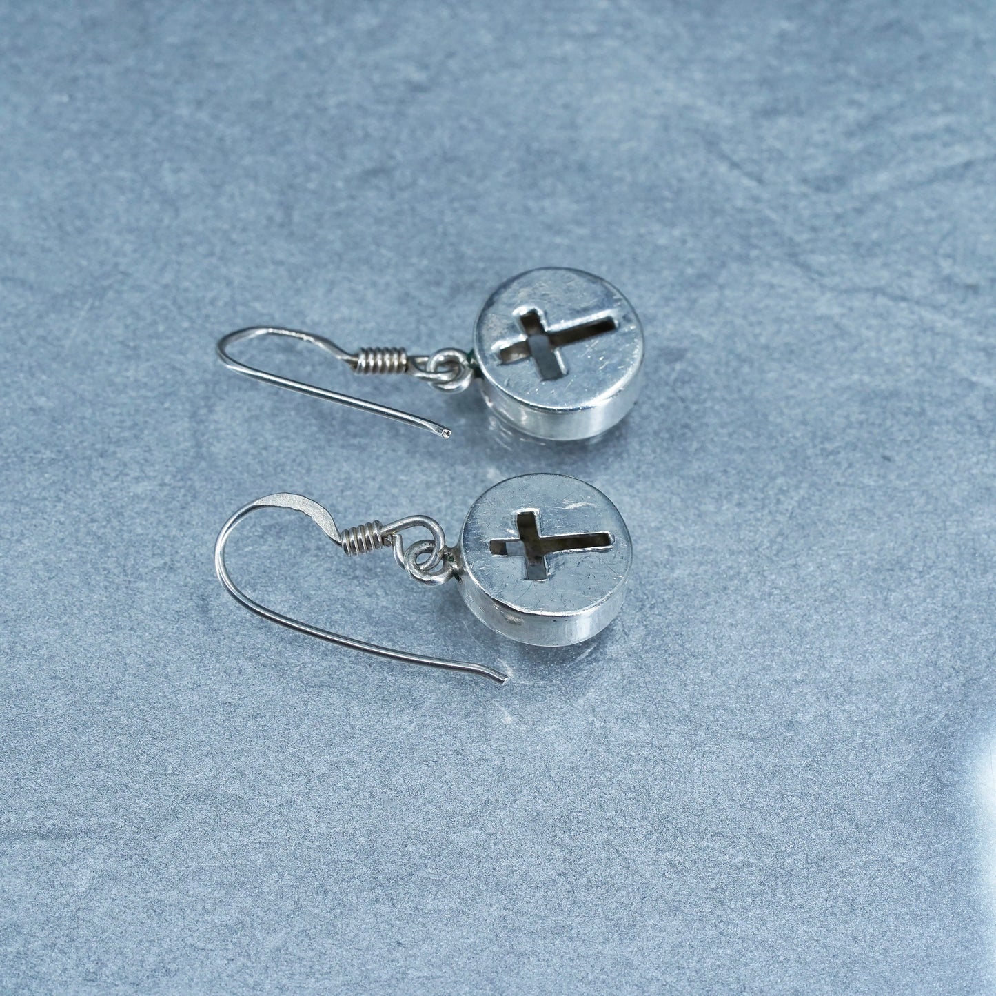 Vintage sterling 925 silver handmade earrings, circle with cross