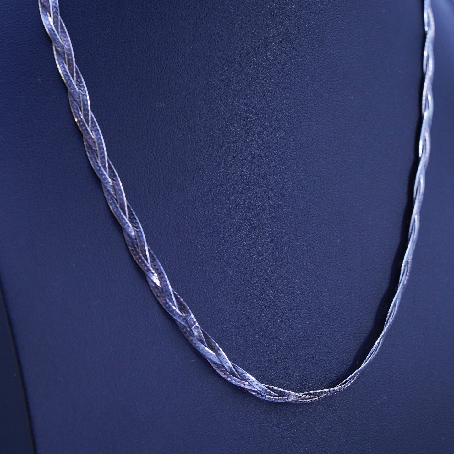 18”, vintage Italy Sterling 925 silver woven braided herringbone chain necklace