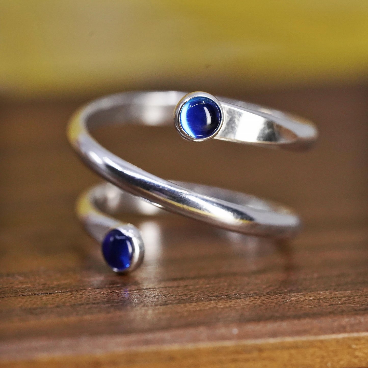Size 3.75, Vintage Sterling silver handmade ring, 925 wrap band w/ blue crystal