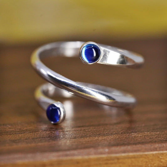 Size 3.75, Vintage Sterling silver handmade ring, 925 wrap band w/ blue crystal
