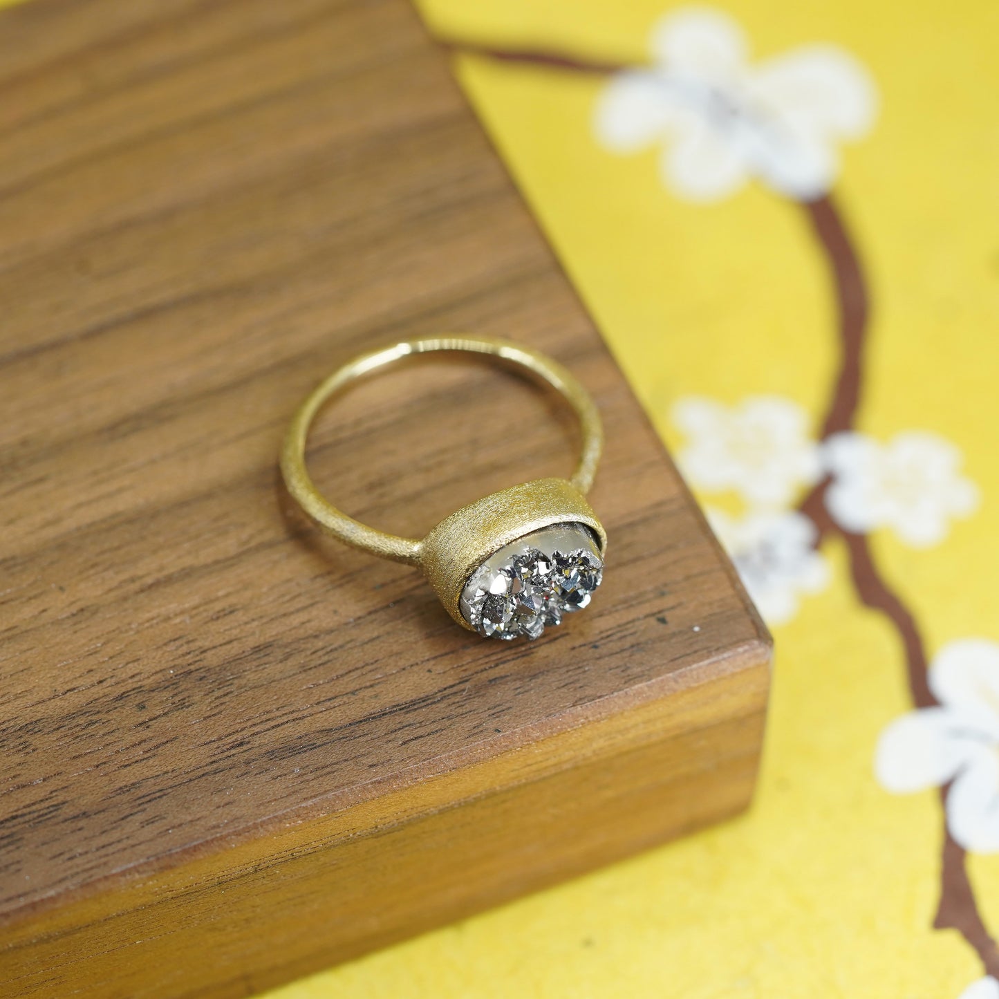 Size 8.25, vermeil gold over Sterling silver handmade ring, 925 druzy hematite