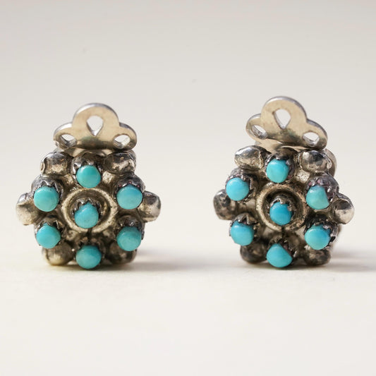 Native American 925 Sterling earrings, 925 flower clip on earrings turquoise