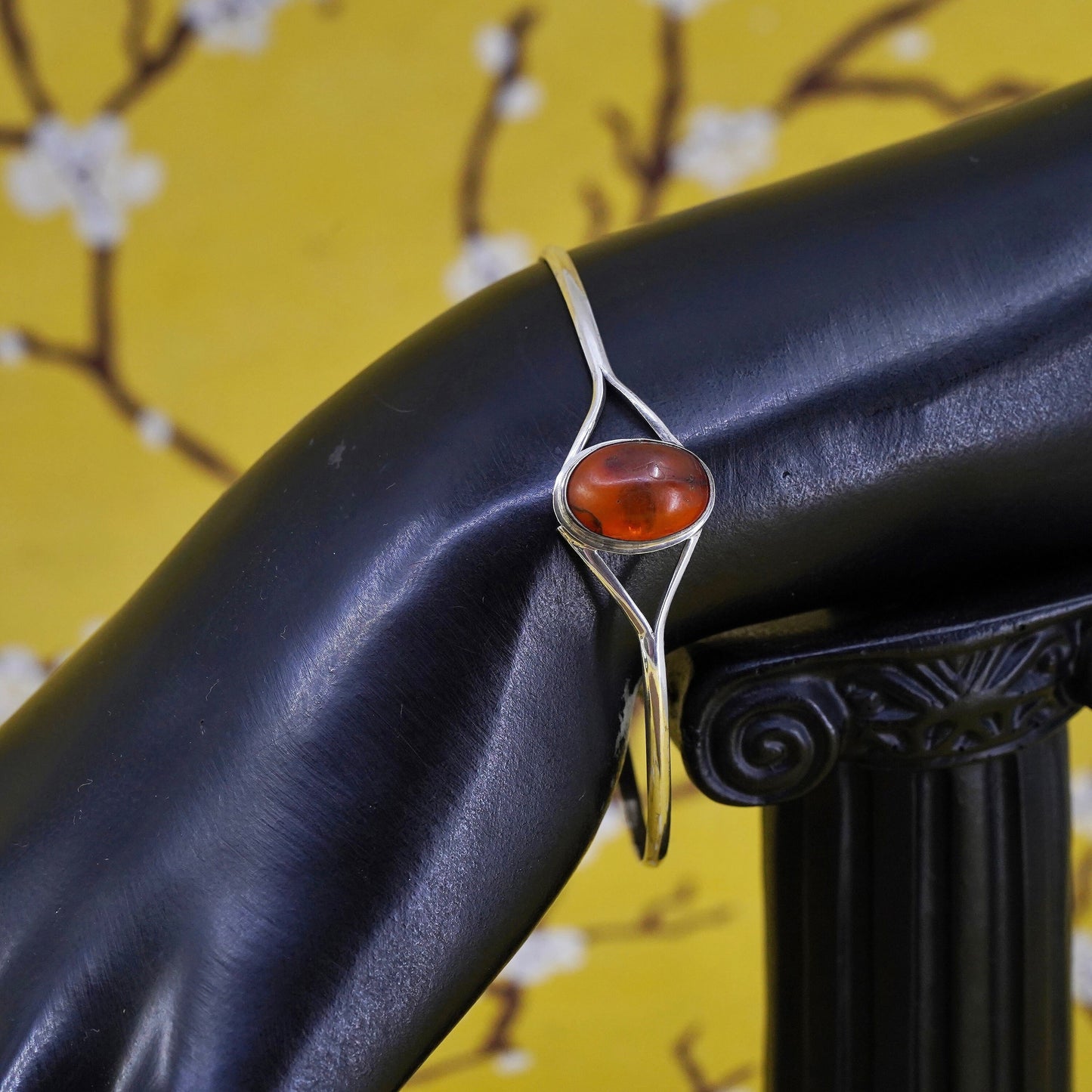 6.5”, Vintage Sterling silver handmade bracelet, 925 hinged bangle with amber