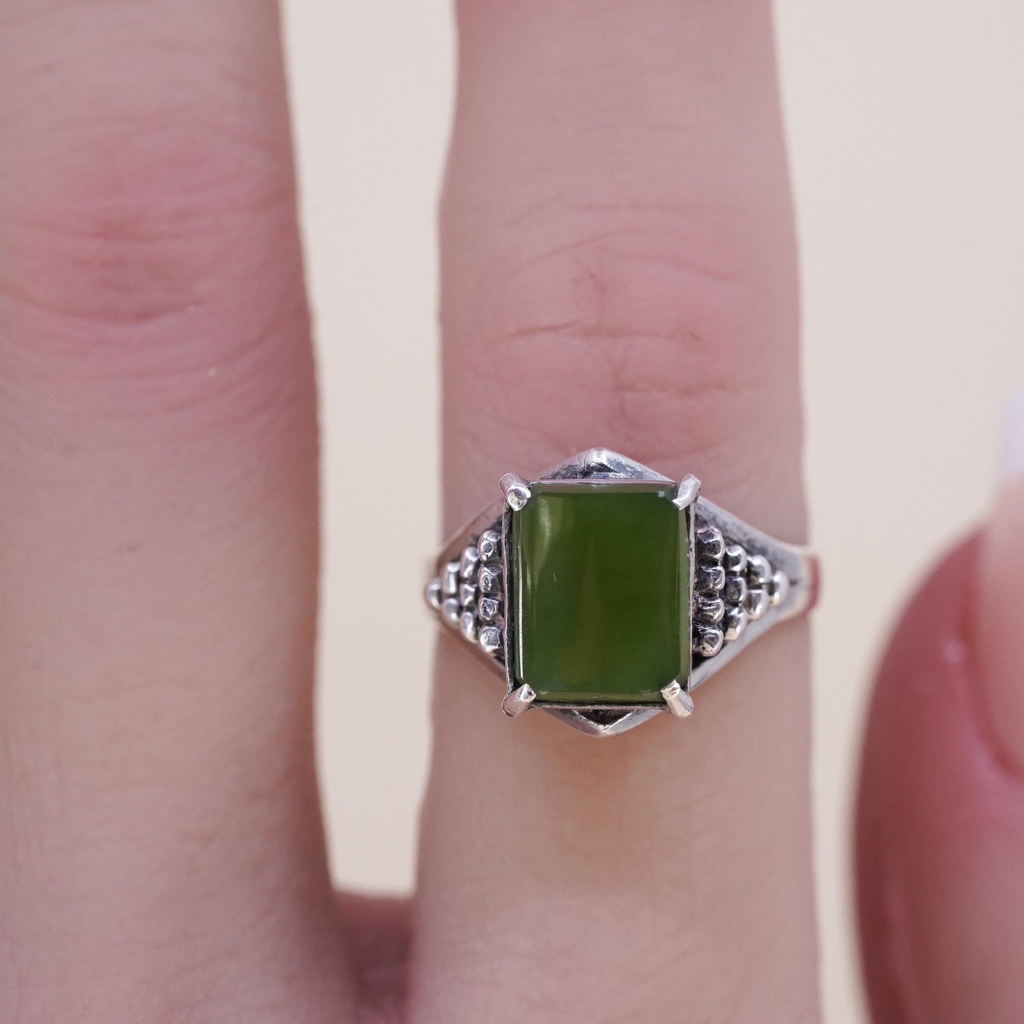Size 6, Vintage handmade sterling silver statement ring with jade and beads