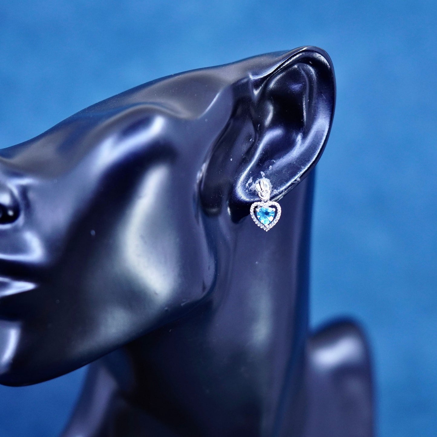 Vintage sterling 925 silver handmade heart earrings with blue topaz and cz